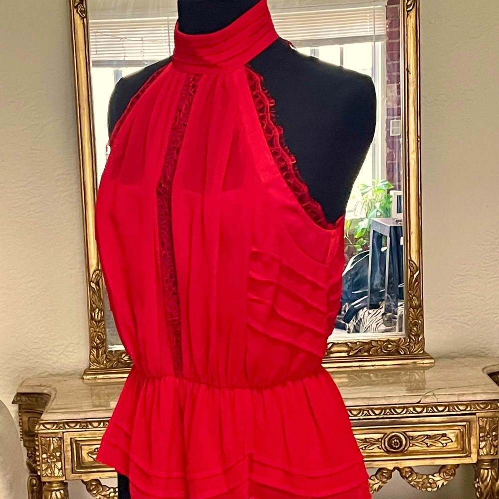 “Bebe”Red Chiffon Sleeveless Blouse